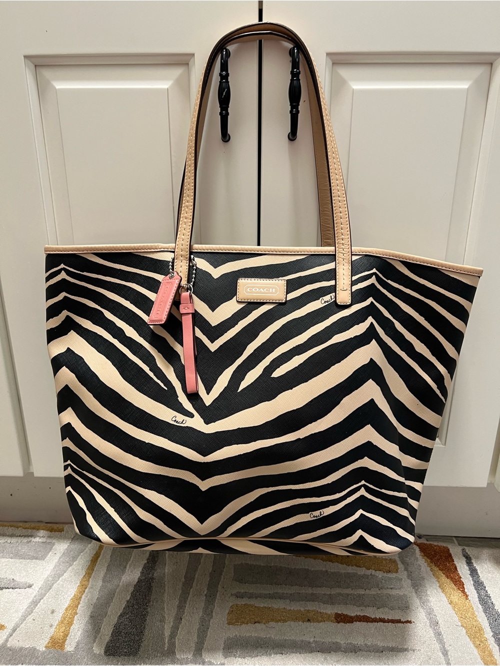 Coach Zebra-Print Tote in Black, Cream with Pink Accent